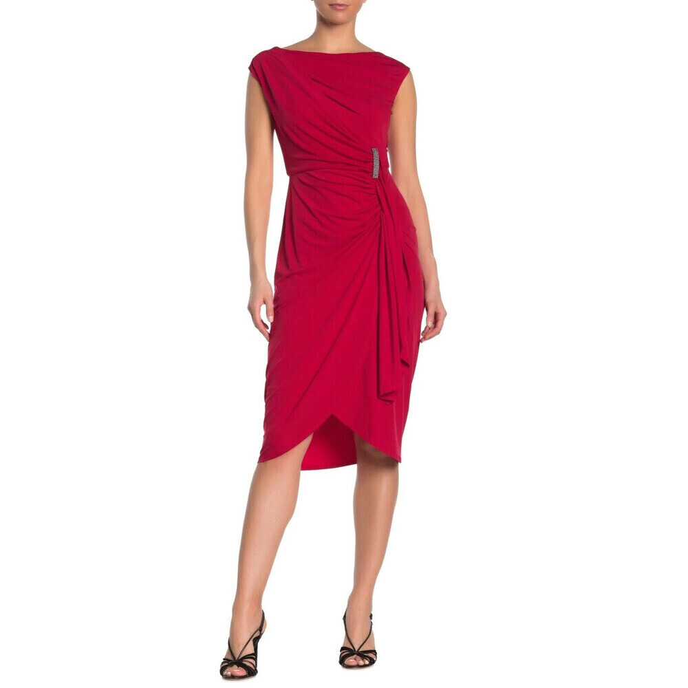 London Times Stretch Shirred Ruched Rhinestone Brooch Dress Cranberry Red Size 2